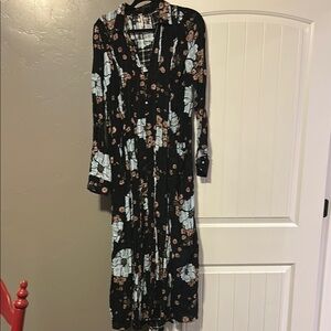 Free People Black Maxi Dress with Long Bishop Sleeves and V-Neck